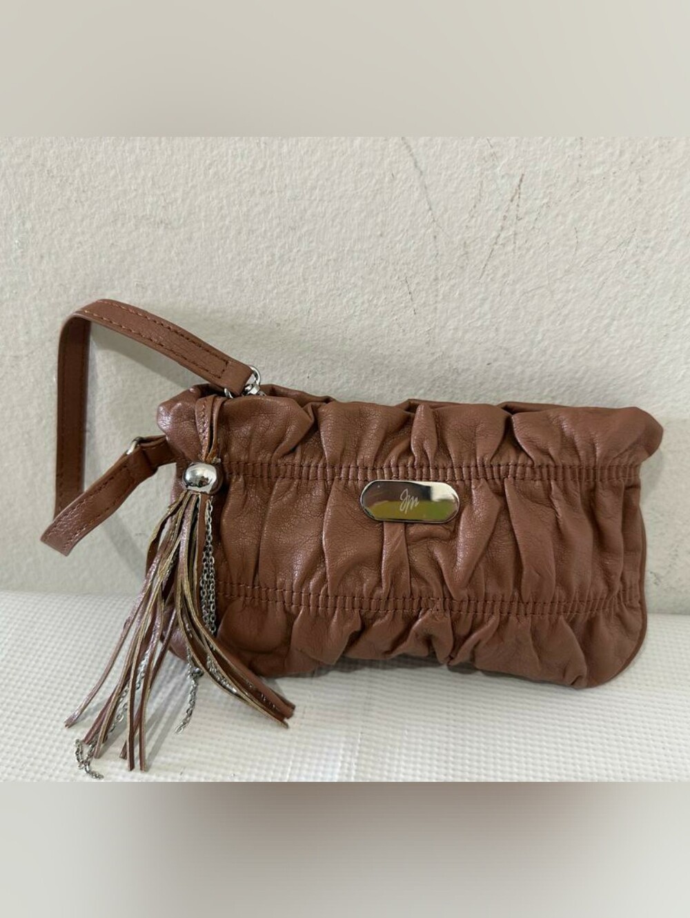 JM Jessica Moore JM Collection Brown Gathered Wristlet Clutch Evening Bag
